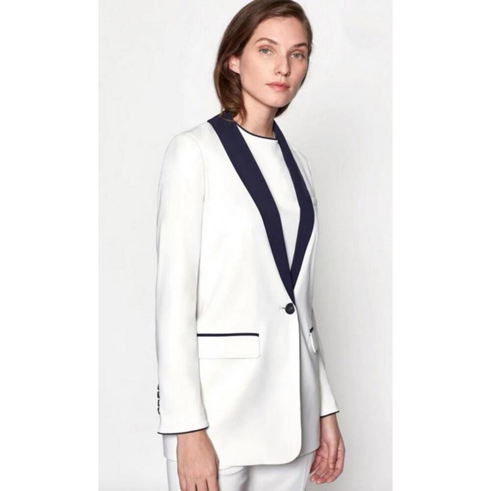 Equipment blazer womens 4 white navy blue quincy longline minimalist career work